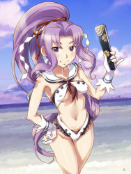 Rule 34 | 1girl, adapted costume, breasts, destroyer, folding fan, gloves, gradient sky, hair ribbon, hand fan, hatsuharu (kancolle), kantai collection, long hair, looking at viewer, military, military vehicle, navel, ocean, one-piece swimsuit, ponytail, purple eyes, purple hair, ribbon, sameha ikuya, shide, ship, short eyebrows, sky, small breasts, smile, solo, swimsuit, very long hair, warship, watercraft, white gloves