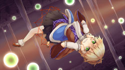 Rule 34 | 1girl, blonde hair, blush, clenched teeth, female focus, green eyes, hand on own chin, hiiragi shou, looking at viewer, mizuhashi parsee, pointy ears, scarf, short hair, solo, teeth, touhou, upside-down