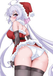 Rule 34 | 1girl, absurdres, ahoge, ass, black gloves, black thighhighs, blush, breasts, butt crack, christmas, closed mouth, crotch, elbow gloves, freedom xdrive, gloves, hair ornament, hair scrunchie, hat, highres, large breasts, long hair, looking at viewer, looking back, panties, purple eyes, purple hair, santa costume, santa hat, scrunchie, senki zesshou symphogear, simple background, solo, sweat, thighhighs, twintails, underwear, white background, white panties, yukine chris