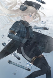Rule 34 | 10s, 1girl, black thighhighs, blonde hair, blue eyes, boots, bubble, cowboy shot, cropped jacket, garrison cap, hat, hayashi kewi, kantai collection, knees together feet apart, light rays, long hair, long sleeves, machinery, mecha musume, military, military uniform, revision, serious, solo, submerged, thigh boots, thighhighs, torpedo, u-511 (kancolle), underwater, uniform
