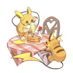 Rule 34 | alolan form, alolan raichu, chair, commentary request, creatures (company), dlitw, flower, food, game freak, gen 1 pokemon, gen 7 pokemon, highres, holding, nintendo, no humans, open mouth, pancake, plate, pokemon, pokemon (creature), raichu, red flower, smile, syrup, table, toes, vase