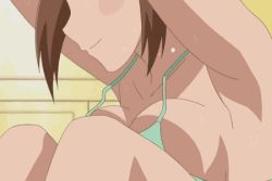 Rule 34 | 00s, 10s, 1girl, animated, animated gif, breast press, breasts, brown hair, cleavage, close-up, hinako (issho ni training), indoors, issho ni training, large breasts, lowres, no bra, solo, tank top