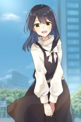 Rule 34 | 1girl, alternate costume, black dress, black hair, blue sky, blurry, building, cityscape, cloud, commentary request, cowboy shot, day, depth of field, dress, hair ornament, hairclip, highres, kantai collection, long hair, looking at viewer, outdoors, own hands together, oyashio (kancolle), sky, smile, solo, sweater, tree, u yuz xx, white sweater, yellow eyes