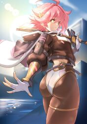 Rule 34 | 1girl, ahoge, ass, ass focus, bodysuit, breasts, cropped jacket, deekei, fingerless gloves, from behind, gloves, looking at viewer, looking back, looking down, medium breasts, pantyhose, pink hair, short hair, sideboob, smile, solo, thick thighs, thighlet, thighs, tohno amane (deekei), yellow eyes