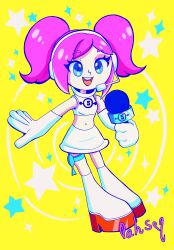 Rule 34 | 1girl, blue-tinted eyewear, blue eyes, boots, commentary, crop top, earpiece, english commentary, eyelashes, gloves, headphones, headset, highres, holding, holding microphone, knee boots, microphone, midriff, miniskirt, navel, open mouth, pahsmina, pink hair, shirt, short hair, signature, skirt, sleeveless, solo, space channel 5, star (symbol), teeth, thigh strap, tinted eyewear, twintails, ulala, upper teeth only, white footwear, white gloves, white shirt, yellow background
