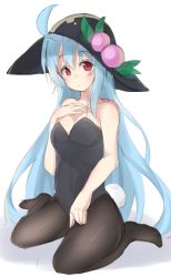 Rule 34 | 1girl, ahoge, bare shoulders, barefoot, black pantyhose, blue hair, blush, breasts, cleavage, colorized, emushake, food, fruit, full body, hat, highres, hinanawi tenshi, leotard, long hair, looking at viewer, no shoes, pantyhose, peach, playboy bunny, rabbit tail, red eyes, simple background, sitting, sketch, solo, tail, touhou, wariza, white background