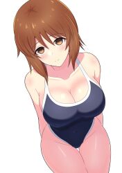 Rule 34 | 1girl, absurdres, arms behind back, blue one-piece swimsuit, breasts, brown eyes, brown hair, cleavage, closed mouth, commentary request, competition school swimsuit, girls und panzer, halterneck, highres, iteza (flapper girl 25), large breasts, light blush, light smile, looking at viewer, nishizumi miho, one-piece swimsuit, partial commentary, school swimsuit, short hair, simple background, smile, solo, standing, swimsuit, thigh gap, white background