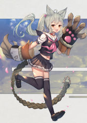 Rule 34 | 1girl, :d, ahoge, animal ear fluff, animal ears, black footwear, black serafuku, black shirt, black skirt, black thighhighs, blush, bow, brown eyes, claw (weapon), commentary request, erune, fangs, floating hair, full body, granblue fantasy, grey hair, hair bow, highres, loafers, long hair, looking at viewer, midriff peek, navel, neckerchief, open mouth, outside border, pink bow, pink neckerchief, pleated skirt, ponytail, sailor collar, school uniform, sen (granblue fantasy), serafuku, shirt, shoes, short sleeves, skirt, smile, solo, standing, standing on one leg, thighhighs, uneg, very long hair, weapon, white sailor collar