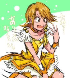 Rule 34 | 1girl, artist request, boots, brown eyes, brown hair, choker, cosplay, crossover, cure black, cure peace, cure peace (cosplay), dress, earrings, futari wa precure, jewelry, magical girl, misumi nagisa, open mouth, precure, ribbon, short hair, sitting, sketch, smile precure!, solo, surprised, text focus, translation request, wrist cuffs, yellow dress