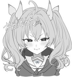 Rule 34 | 1girl, blue archive, blush, crossed bangs, greyscale, hair between eyes, hair ribbon, highres, hood, hooded jacket, inotukuhito, jacket, long hair, looking at viewer, monochrome, neckerchief, ribbon, sailor collar, sidelocks, solo, sweat, translation request, twintails, upper body, v-shaped eyebrows, yoshimi (blue archive)