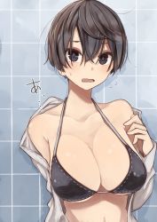 Rule 34 | 1girl, absurdres, arm behind back, bikini, bikini under clothes, black bikini, black eyes, black hair, blush, breasts, character request, cleavage, copyright request, hair between eyes, highres, large breasts, messy hair, rucchiifu, short hair, solo, strap gap, swimsuit, swimsuit under clothes, wavy mouth