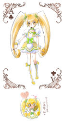 Rule 34 | 1girl, blonde hair, boots, bow, brooch, card, card (medium), clubs, color connection, cosplay, cure rosetta, cure rosetta (cosplay), cure sunshine, dokidoki! precure, dress, flower, hair flower, hair ornament, hand mirror, heart, heart brooch, heartcatch precure!, highres, jewelry, knee boots, long hair, magical girl, mirror, myoudouin itsuki, open mouth, potpourri (heartcatch precure!), precure, ryun, smile, text focus, twintails, waist bow, white background, wrist cuffs, yellow eyes
