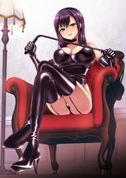 Rule 34 | 1girl, armchair, bdsm, black choker, black corset, black footwear, black gloves, black panties, bondage outfit, boots, breasts, brown eyes, chain, chair, choker, cleavage, commentary, corset, crossed legs, dominatrix, elbow gloves, english commentary, femdom, from below, gloves, holding, holding whip, large breasts, latex, latex boots, latex choker, latex corset, latex gloves, latex panties, long hair, looking at viewer, open mouth, original, panties, piririnegi, purple hair, simple background, sitting, smile, solo, thigh boots, thighhighs, thighs, underwear, whip