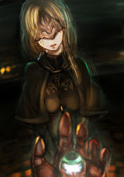 Rule 34 | 1girl, blonde hair, breasts, capelet, covered eyes, dark souls (series), dark souls i, dark souls iii, disembodied eye, fire keeper, fujimi no buruusu, highres, long hair, mask, medium breasts, mouth mask, parted lips, solo, solo focus, v arms
