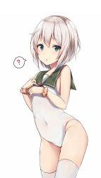 Rule 34 | 1girl, ?, adapted costume, covered navel, cowboy shot, green eyes, green sailor collar, highres, kantai collection, leotard, looking at viewer, sailor collar, scrunchie, shimushu (kancolle), short hair, silver hair, simple background, solo, spoken question mark, thighhighs, white background, white leotard, white thighhighs, wrist scrunchie, zhi zhi/zu zu