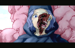 Rule 34 | 1girl, blood, blue eyes, blue hair, crossover, guro, kumoi ichirin, letterboxed, open mouth, oso (toolate), parody, robe, sweatdrop, teeth, the thing, the thing (2011), the thing (creature), tongue, touhou, unzan, you gonna get raped