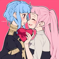 Rule 34 | 2girls, artist name, black eyes, blue hair, blunt bangs, blush, bow, braid, buttons, closed eyes, collared shirt, crown braid, do m kaeru, face-to-face, fire emblem, fire emblem: three houses, from side, heart, hilda valentine goneril, long hair, looking at another, marianne von edmund, medium hair, multiple girls, nintendo, nose, noses touching, open mouth, pink background, pink bow, pink hair, shirt, sidelocks, simple background, smile, upper body, valentine, yuri