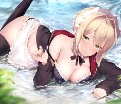 Rule 34 | 1girl, :o, adjusting clothes, adjusting swimsuit, apron, artoria pendragon (alter swimsuit rider) (fate), artoria pendragon (alter swimsuit rider) (second ascension) (fate), artoria pendragon (fate), bikini, black bikini, black thighhighs, blonde hair, blush, braid, breasts, cleavage, fate/grand order, fate (series), french braid, frilled bikini, frills, highres, long sleeves, looking at viewer, lying, maid, maid bikini, maid headdress, maosame, medium breasts, outdoors, partially submerged, solo, swimsuit, thighhighs, unconventional maid, underwear, wet, white apron, yellow eyes