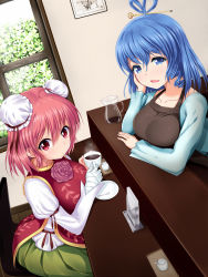 Rule 34 | 2girls, ahoge, apron, bandaged arm, bandages, black apron, blue eyes, blue hair, blue shirt, breast rest, breasts, commentary request, cup, double bun, dutch angle, eyebrows, flower, green skirt, hair between eyes, hair bun, hair ornament, hair stick, hand on own cheek, hand on own face, hand rest, highres, ibaraki kasen, juliet sleeves, kaku seiga, long sleeves, looking at viewer, multiple girls, pink eyes, pink flower, pink hair, pink rose, pitcher (container), puffy sleeves, ringlets, rose, shirt, short hair, skirt, smile, tabard, teacup, touhou, u2 (5798239), window