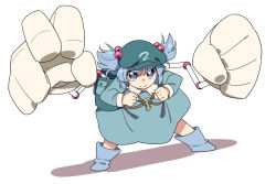 Rule 34 | 1girl, backpack, bag, blue dress, blue eyes, blue footwear, blue hair, clenched hands, closed mouth, dress, dutch angle, full body, green hat, hair bobbles, hair ornament, hat, kawashiro nitori, key, leaning forward, legs apart, long sleeves, mechanical arms, shadow, smile, solo, tonmoh, touhou, twintails, v-shaped eyebrows, white background