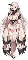 Rule 34 | 10s, 1girl, abyssal ship, bare shoulders, blush, boots, breasts, claws, cleavage, detached sleeves, dress, female focus, highres, horns, kantai collection, large breasts, long hair, looking at viewer, mukka, red eyes, ribbed dress, ribbed legwear, seaport water oni, short dress, simple background, single horn, solo, thigh boots, thighhighs, very long hair, white background, white hair, zettai ryouiki
