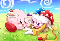 Rule 34 | 1boy, blue eyes, blue sky, blush, blush stickers, bow, bowtie, cake, claws, cloud, commentary request, day, fang, feeding, field, food, food on face, fork, grass, half-closed eyes, hallons kabo, hat, heart, icing, jester cap, kirby, kirby (series), marx (kirby), nintendo, no humans, open mouth, petals, plate, purple eyes, red bow, red neckwear, sitting, sky, smile, sweatdrop, wings, yellow wings