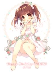 Rule 34 | 10s, 1girl, bare legs, bare shoulders, barefoot, blush, brown eyes, brown hair, commentary request, dated, dress, flower, hair flower, hair ornament, hands on own cheeks, hands on own face, happy birthday, idolmaster, idolmaster cinderella girls, long hair, looking at viewer, navel, ogata chieri, open mouth, sitting, smile, solo, suimya, twintails, white dress