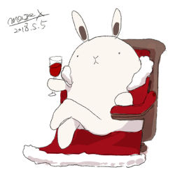 Rule 34 | alcohol, animal, animal focus, armchair, rabbit, cape, chair, cup, dated, drinking glass, fur-trimmed cape, fur trim, holding, holding cup, holding drinking glass, crossed legs, lowres, maze (gochama ze gohan), no humans, original, red cape, signature, simple background, sitting, white background, wine, wine glass