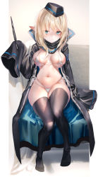 Rule 34 | 1girl, absurdres, arknights, artist name, bikini, black coat, black hat, black thighhighs, blonde hair, blue eyes, blush, breasts, cleavage, closed mouth, clothes writing, coat, commentary, durin (arknights), eyelashes, full body, garrison cap, groin, hair between eyes, hat, highleg, highleg bikini, highres, holding, holding wand, large breasts, looking at viewer, medium hair, midriff, navel, open clothes, open coat, pointy ears, pottsness, side-tie bikini bottom, sitting, sleeves past fingers, sleeves past wrists, solo, stomach, string bikini, swimsuit, thick thighs, thighhighs, thighs, twitter username, wand, white bikini, wide sleeves