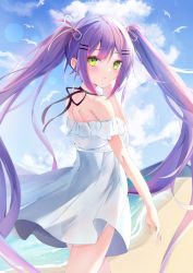 Rule 34 | 1girl, absurdres, beach, blush, cloud, cloudy sky, day, dress, from behind, green eyes, hair ornament, hair ribbon, hairclip, highres, hololive, long hair, looking at viewer, looking back, multicolored hair, off-shoulder dress, off shoulder, outdoors, parted lips, pink hair, purple hair, ribbon, ririge, sidelocks, sky, solo, standing, streaked hair, tokoyami towa, twintails, very long hair, virtual youtuber, white dress