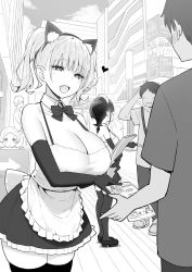 Rule 34 | 3boys, 3girls, animal ears, apron, blush, breasts, cat ears, cleavage, commentary request, cosplay, faceless, faceless male, fake animal ears, fang, flyer, greyscale, heart, highres, large breasts, maid apron, maid headdress, medium breasts, monochrome, multiple boys, multiple girls, original, riko (sky-freedom), shoes, short hair, short twintails, skin fang, sky-freedom, thighhighs, twintails