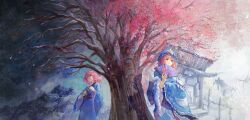 2girls blue_hat blue_skirt cherry_blossoms dual_persona ge_dazuo hand_fan hat highres knife medium_hair mob_cap multiple_girls pink_hair saigyou_ayakashi saigyouji_yuyuko saigyouji_yuyuko_(living) scenery skirt snow touhou tree