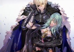 Rule 34 | 1boy, 1girl, aqua hair, armor, bad id, bad pixiv id, blonde hair, blue cape, breastplate, byleth (female) (fire emblem), byleth (fire emblem), cape, closed eyes, closed mouth, cowboy shot, dimitri alexandre blaiddyd, eyepatch, fire emblem, fire emblem: three houses, fur collar, gauntlets, hair between eyes, hand grab, holding person, nintendo, one eye covered, short hair, simple background, tsukimura noe, white background