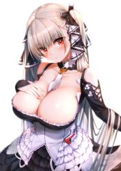 Rule 34 | 1girl, azur lane, between breasts, black bow, black dress, blush, bow, breasts, cleavage, closed mouth, collarbone, detached collar, dress, formidable (azur lane), frilled dress, frills, hair bow, hand on own chest, highres, large breasts, long hair, long sleeves, looking at viewer, red eyes, silver hair, simple background, solo, twintails, upper body, very long hair, west 24, white background