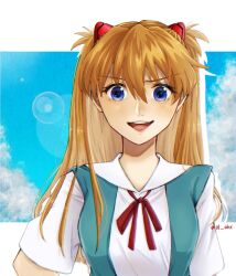 Rule 34 | 1girl, artist request, blue eyes, blue sky, breasts, brown hair, hair ornament, interface headset, long hair, looking at viewer, medium breasts, neon genesis evangelion, open mouth, school uniform, shiny skin, simple background, sky, smile, solo, souryuu asuka langley, standing, suspenders, tokyo-3 middle school uniform, twintails, twitter username, two side up, very long hair