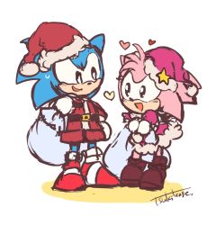 Rule 34 | 1boy, 1girl, amy rose, animal nose, bad id, bad twitter id, christmas, furry, furry female, furry male, hand on own hip, heart, hedgehog, moonlight (yami-tsugu), nervous smile, own hands together, sack, santa costume, signature, sketch, smile, sonic (series), sonic the hedgehog, sonic the hedgehog (classic), sweatdrop