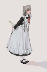 Rule 34 | 1girl, absurdres, alternate costume, animal ears, apron, bent over, blonde hair, borrowed character, braid, cat ears, dress, enmaided, feiqizi (fkey), flat chest, grey hair, highres, kuweichuanxin jr, maid, maid apron, maid headdress, original, pantyhose, shoes, simple background, solo, standing, twin braids, twintails, white pantyhose