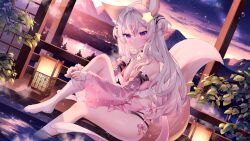 Rule 34 | 1girl, animal ears, annytf, bare shoulders, bikini, bikini under clothes, black bikini, black choker, breasts, choker, cleavage, closed mouth, clothing cutout, detached sleeves, dress, dutch angle, fox ears, fox girl, fox tail, gradient hair, hair ornament, highres, indie virtual youtuber, knee up, long hair, long sleeves, looking at viewer, medium breasts, multi-strapped bikini, multicolored hair, nami (nyaa), outdoors, pink dress, purple eyes, revealing clothes, see-through, see-through sleeves, short dress, side cutout, sitting, smile, socks, solo, star (symbol), star hair ornament, steam, streaked hair, string bikini, sunset, swimsuit, tail, tail raised, thighs, two side up, undressing, virtual youtuber, water, white hair, white socks