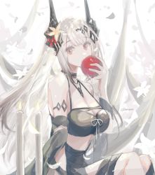 Rule 34 | 1girl, absurdres, apple, arknights, armlet, backlighting, bare shoulders, bikini, black bikini, black choker, breasts, candle, choker, cleavage, eating, flower, food, fruit, hair flower, hair ornament, highres, holding, holding food, holding fruit, horns, jewelry, large breasts, long hair, mudrock (arknights), mudrock (silent night) (arknights), narugrm, necklace, official alternate costume, open mouth, pointy ears, red eyes, silver hair, sitting, solo, swimsuit, very long hair, yellow flower
