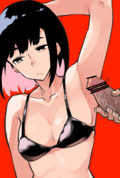 Rule 34 | 1girl, :/, armpits, bare shoulders, bikini, black bikini, black eyes, black hair, breasts, bright pupils, censored, cleavage, closed mouth, collarbone, colored inner hair, commentary, medium breasts, midriff, multicolored hair, original, penis, pink hair, pointless censoring, presenting armpit, red background, short hair, simple background, solo focus, swimsuit, two-tone hair, upper body, veins, veiny penis, white pupils, youhei 64d