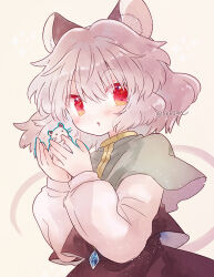 Rule 34 | 1girl, animal, animal ears, biyon, black dress, blush, capelet, dress, grey capelet, grey hair, hair between eyes, jewelry, long sleeves, mouse (animal), mouse ears, mouse tail, nazrin, parted lips, pendant, red eyes, shirt, short hair, solo, tail, touhou, upper body, white shirt