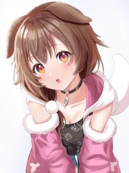 Rule 34 | 1girl, animal ears, black collar, brown eyes, brown hair, collar, commentary request, denim, denim shorts, dog ears, dog girl, dog tail, hair between eyes, highres, hololive, inugami korone, inugami korone (loungewear), jacket, long hair, looking at viewer, nono kanata, off shoulder, official alternate costume, open mouth, pink jacket, pink sleeves, shorts, simple background, solo, tail, virtual youtuber, white background, white hood, white tail