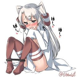 Rule 34 | 10s, 1girl, amatsukaze (kancolle), bad id, bad twitter id, black eyes, black panties, blush, breasts, breath, ebifurya, female masturbation, full body, hair between eyes, hair tubes, heart, highres, inactive account, kantai collection, masturbation, no bra, no pants, no shoes, open clothes, open mouth, oversized clothes, panties, panty pull, pussy juice, red legwear, simple background, sitting, sleeves past wrists, small breasts, solo, spoken heart, sweat, tears, twitter username, two side up, underwear, white background, white hair