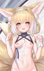 Rule 34 | 1girl, animal ears, arknights, bed sheet, blonde hair, blush, braid, braided hair rings, breasts, breasts out, chinese commentary, clenched hands, cowboy shot, dakimakura (medium), eyelashes, female focus, fox ears, fox tail, from above, green eyes, groin, hair between eyes, hair rings, hairband, heart, heart-shaped pupils, infection monitor (arknights), looking at viewer, lying, material growth, medium hair, midriff, multicolored hair, multiple tails, navel, nipples, on back, open mouth, oripathy lesion (arknights), out-of-frame censoring, small breasts, smile, solo, straight hair, suzuran (arknights), sweat, symbol-shaped pupils, tail, tareme, ten no hoshi, torn clothes, two-tone hair, white hair, wrist cuffs