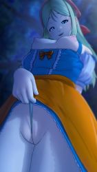 Rule 34 | 1girl, absurdres, apron, blonde hair, blue dress, blue eyes, blue panties, blurry, blurry background, bow, breasts, breasts out, cleft of venus, commentary, commentary request, dragon quest, dragon quest xi, dress, emma (dq11), english commentary, forest, frilled dress, frills, from below, frontal wedgie, greatm8, half-closed eyes, highres, long hair, looking at viewer, medium breasts, nature, night, nipples, orange apron, orange bow, outdoors, panties, panty lift, parted bangs, parted lips, partially visible vulva, photoshop (medium), puffy nipples, puffy sleeves, pussy, pussy juice, red scarf, scarf, short sleeves, solo, source filmmaker (medium), tree, underwear, variant set, wedgie