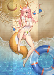 Rule 34 | 1girl, animal ears, bare legs, barefoot, blush, breasts, fate/extra, fate (series), fox ears, fox tail, large breasts, long hair, looking at viewer, navel, open mouth, pink hair, shadowgrave, spread legs, straddling, tail, tamamo (fate), tamamo no mae (fate/extra), uncensored, yellow eyes