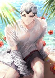 Rule 34 | 1boy, bad id, bad twitter id, beach, black male swimwear, black swim trunks, closed mouth, commentary, day, eyebrows, flower, grey hair, haikyuu!!, hemoon, jacket, jacket partially removed, kita shinsuke, looking at viewer, male focus, male swimwear, multicolored hair, ocean, outdoors, palm tree, sand, see-through, shirt, short hair, sitting, solo, summer, swim trunks, swimsuit, symbol-only commentary, tree, twitter username, two-tone hair, water, wet, wet clothes, wet shirt, white shirt, yellow eyes
