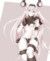 Rule 34 | 10s, 1girl, abyssal ship, air defense princess, black footwear, black gloves, boots, breasts, center opening, colored skin, covered navel, female focus, gloves, hair between eyes, hairband, headgear, highres, horns, kantai collection, long hair, looking at viewer, medium breasts, monochrome, puffy short sleeves, puffy sleeves, short sleeves, smile, solo, stardust-kun, underboob, white hair, white skin