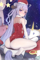 Rule 34 | 1girl, ?, absurdres, ass, azur lane, blush, box, christmas, clothing cutout, commentary request, diamond (shape), elbow gloves, finger to mouth, full body, fur-trimmed headwear, fur trim, gift, gift box, gloves, hair bun, hair ribbon, hat, highres, index finger raised, leotard, long hair, looking at viewer, looking back, no shoes, one side up, pantyhose, purple eyes, purple hair, red hat, red leotard, revision, ribbon, riding, santa hat, sherryqq, side bun, side cutout, sidelocks, single hair bun, single side bun, sleeveless, solo, star (symbol), stuffed unicorn, unicorn (azur lane), very long hair, white gloves, white pantyhose