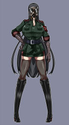 Rule 34 | 1girl, belt, black gloves, black hair, black thighhighs, boots, breasts, busujima, cleavage, elbow gloves, full body, gas mask, gloves, hand on own hip, high heels, huge breasts, kamen no hito, knee boots, long hair, long legs, mask, military, military uniform, miniskirt, original, shoes, simple background, skirt, solo, thighhighs, uniform, very long hair